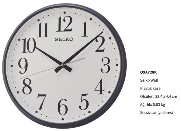 Seiko QXA728K Plastik Kasa Siyah Renkli 33.4 cm Çaplı Modern Dekoratif Sessiz Saniye Mekanizmalı Duvar Saati