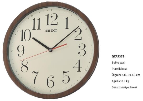 Seiko QXA737B Plastik Kasa Kahverengi Renkli 36.1 cm Çaplı Ahşap Dokulu Sessiz Saniye Mekanizmalı Duvar Saati