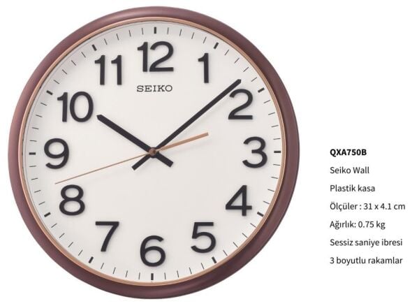 Seiko QXA750B Plastik Kasa Kahverengi Renkli 31 cm Çaplı 3 Boyutlu Rakamlı Sessiz Saniye Mekanizmalı Duvar Saati