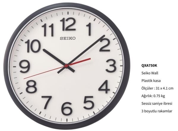 Seiko QXA750K Plastik Kasa Siyah Renkli 35 cm Çaplı 3 Boyut İndeks İbreli Modern Sessiz Saniye Mekanizmalı Duvar Saati