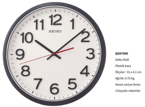 Seiko QXA750K Plastik Kasa Siyah Renkli 35 cm Çaplı 3 Boyut İndeks İbreli Modern Sessiz Saniye Mekanizmalı Duvar Saati