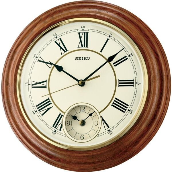Seiko QXA494B Ahşap Meşe Ağacı Kasa Kahverengi Renkli 30.4 cm Çaplı Çift Zamanlı Sessiz Saniye Mekanizmalı Duvar Saati