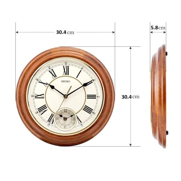 Seiko QXA494B Ahşap Meşe Ağacı Kasa Kahverengi Renkli 30.4 cm Çaplı Çift Zamanlı Sessiz Saniye Mekanizmalı Duvar Saati