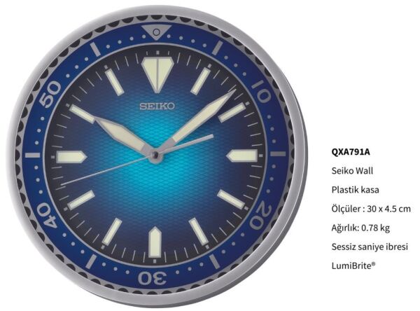 Seiko QXA791A Plastik Kasa Mavi Renkli 30 cm Çaplı LumiBrite Kaplama Kadranlı Modern Sessiz Saniye Mekanizmalı Duvar Saati