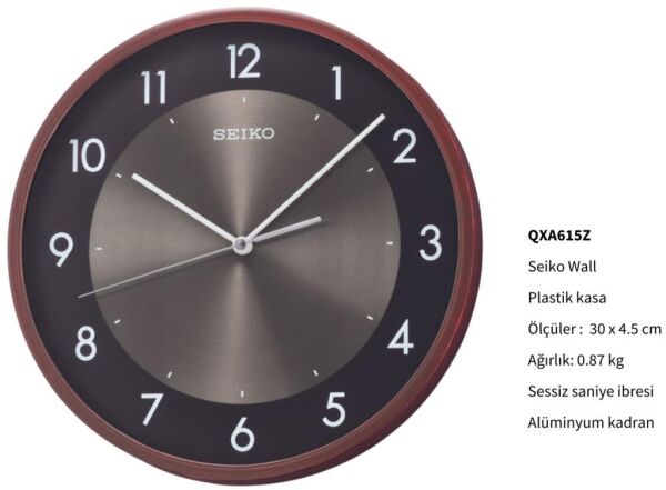 Seiko QXA615Z Plastik Kasa Kahverengi Renkli 30 cm Çaplı Ahşap Görünümlü Modern Sessiz Saniye Mekanizmalı Duvar Saati