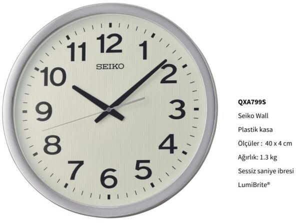 Seiko QXA799S Plastik Kasa Metalik Renkli 40 cm Çaplı LumiBrite Kaplama Kadranlı Modern Sessiz Saniye Mekanizmalı Duvar Saati