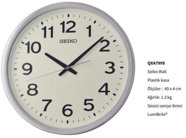 Seiko QXA799S Plastik Kasa Metalik Renkli 40 cm Çaplı LumiBrite Kaplama Kadranlı Modern Sessiz Saniye Mekanizmalı Duvar Saati