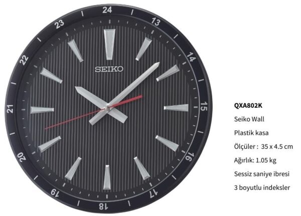 Seiko QXA802K Plastik Kasa Siyah Renkli 35 cm Çaplı 3 Boyutlu İndeks Modern Sessiz Saniye Mekanizmalı Duvar Saati
