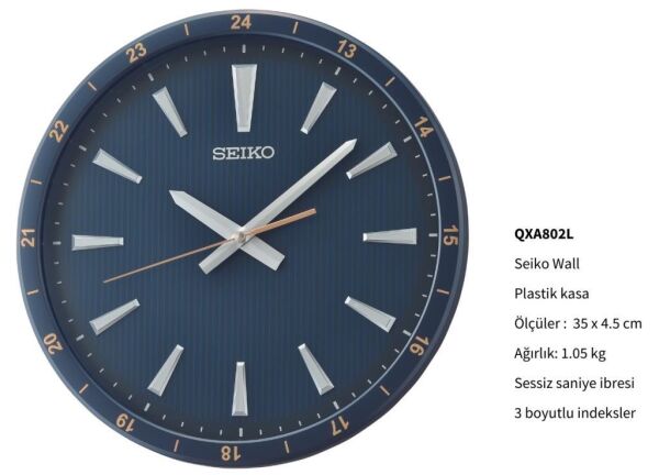 Seiko QXA802L Plastik Kasa Lacivert Renkli 35 cm Çaplı 3 Boyut İndeksli Modern Sessiz Saniye Mekanizmalı Duvar Saati