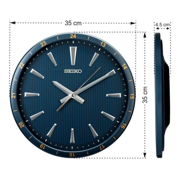 Seiko QXA802L Plastik Kasa Lacivert Renkli 35 cm Çaplı 3 Boyut İndeksli Modern Sessiz Saniye Mekanizmalı Duvar Saati