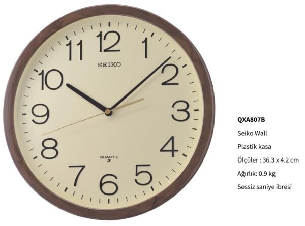 Seiko QXA807B Plastik Kasa Kahverengi Renkli 36.3 cm Çaplı Modern Dekoratif Sessiz Saniye Mekanizmalı Duvar Saati
