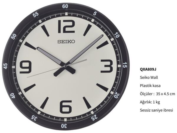 Seiko QXA809J Plastik Kasa Siyah Renkli 35 cm Çaplı Modern Dekoratif Sessiz Saniye Mekanizmalı Duvar Saati