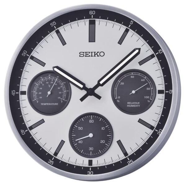 Seiko QXA823S Alüminyum Kasa Metalik Renkli 33 cm Çaplı Isı ve Nem Ölçerli Sessiz Saniye Mekanizmalı Duvar Saati