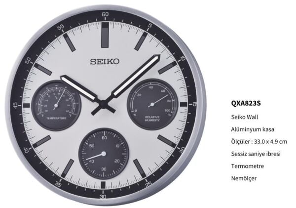 Seiko QXA823S Alüminyum Kasa Metalik Renkli 33 cm Çaplı Isı ve Nem Ölçerli Sessiz Saniye Mekanizmalı Duvar Saati