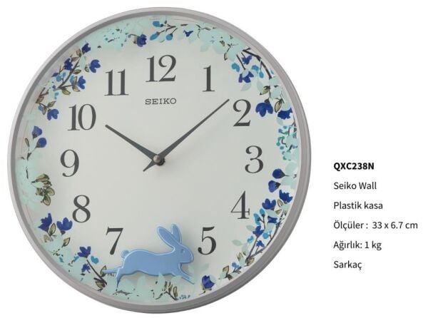 Seiko QXC238N Plastik Kasa Beyaz Renkli 33 cm Çaplı Tavşan Figürlü Sarkaçlı Modern Sessiz Saniye Mekanizmalı Duvar Saati