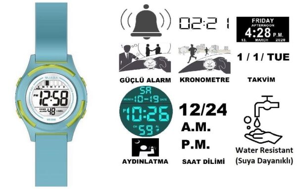 Jaga JL EM1255-OEFE 640041 5-12 Yaş Kronometreli Alarmlı Işıklı Çocuk Kol Saati