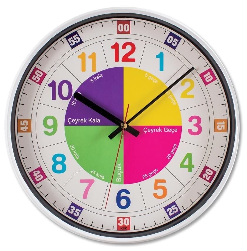 Klik Slim Eğitici Öğretici Plastik Kasa Beyaz Renkli 30.5 cm Çaplı Modern Sessiz Saniye Mekanizmalı Duvar Saati