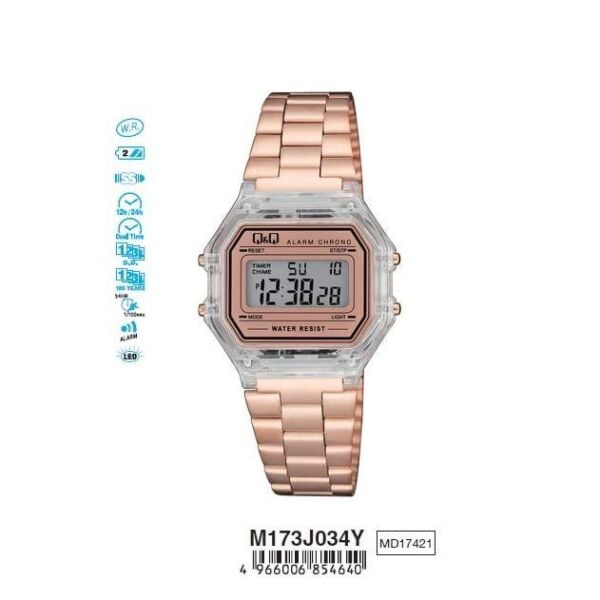 Q&Q M173J034Y Rose Renkli Kronometreli Alarmlı Işıklı Kadın Kol Saati