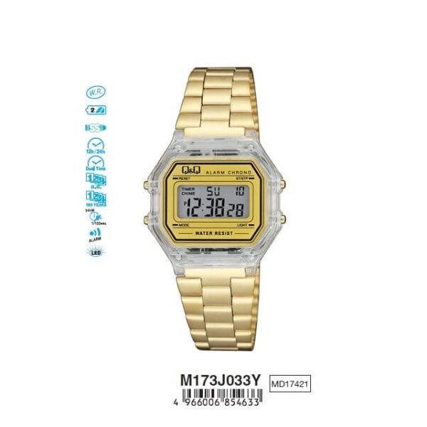 Q&Q M173J033Y Gold Renkli Kronometreli Alarmlı Işıklı Kadın Kol Saati