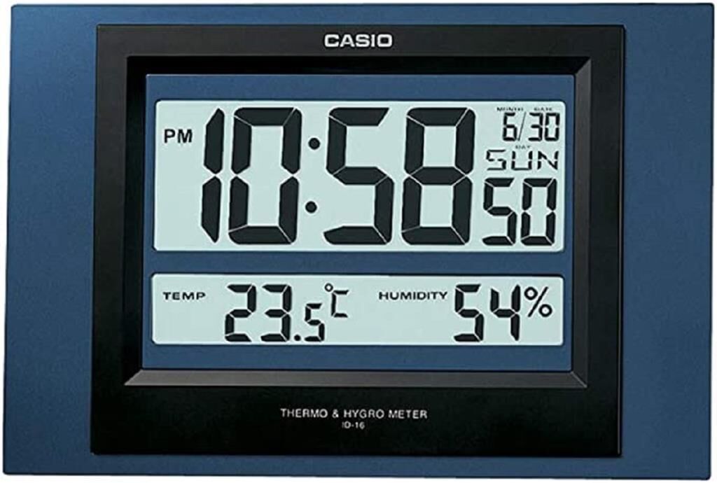 Casio ID-16S-2DF Plastik Kasa Mavi Renkli 29 x 19.5 cm Çaplı Isı ve Nem Ölçerli Takvimli Dijital Masa ve Duvar Saati