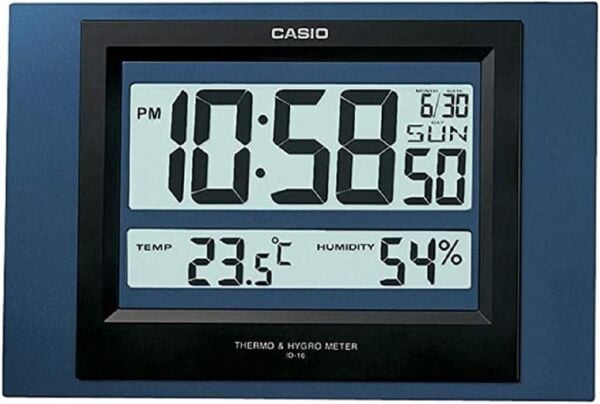 Casio ID-16S-2DF Plastik Kasa Mavi Renkli 29 x 19.5 cm Çaplı Isı ve Nem Ölçerli Takvimli Dijital Masa ve Duvar Saati