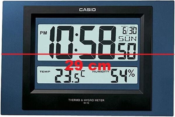Casio ID-16S-2DF Plastik Kasa Mavi Renkli 29 x 19.5 cm Çaplı Isı ve Nem Ölçerli Takvimli Dijital Masa ve Duvar Saati