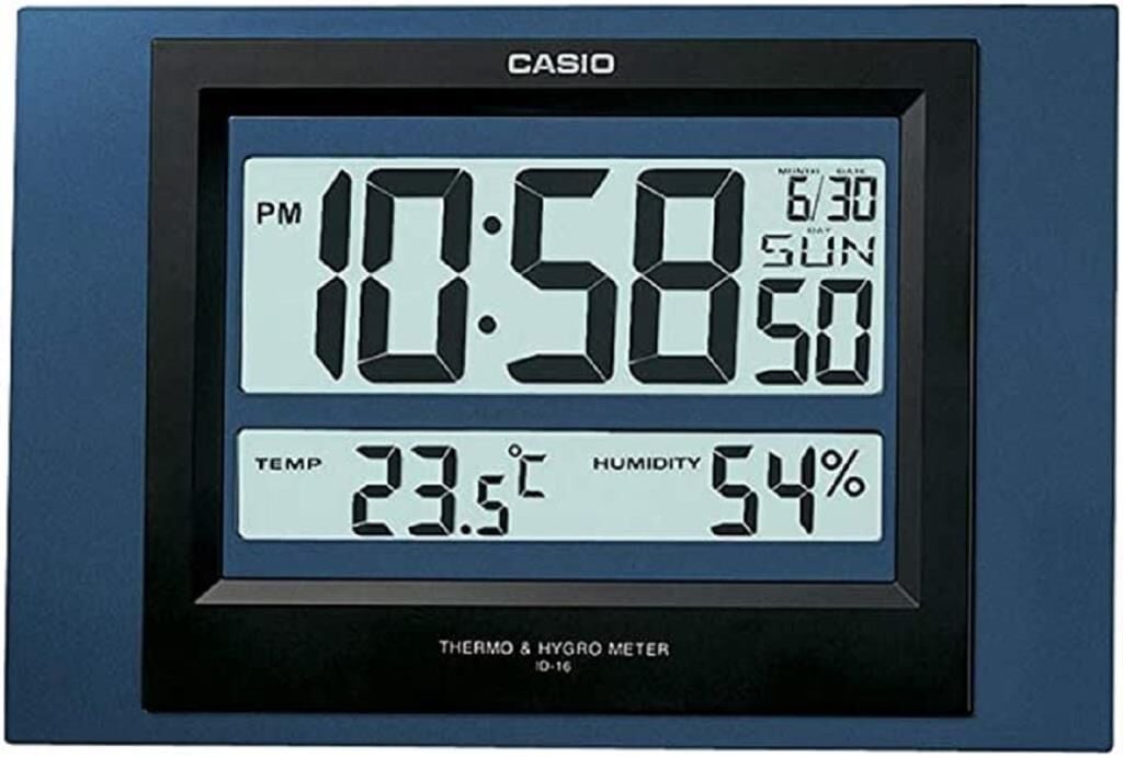 Casio ID-16S-2DF Plastik Kasa Mavi Renkli 29 x 19.5 cm Çaplı Isı ve Nem Ölçerli Takvimli Dijital Masa ve Duvar Saati