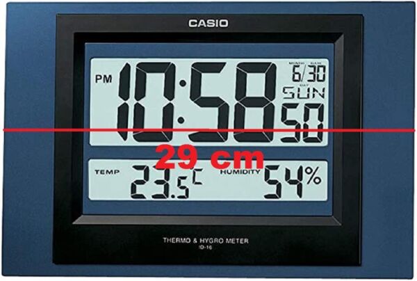 Casio ID-16S-2DF Plastik Kasa Mavi Renkli 29 x 19.5 cm Çaplı Isı ve Nem Ölçerli Takvimli Dijital Masa ve Duvar Saati