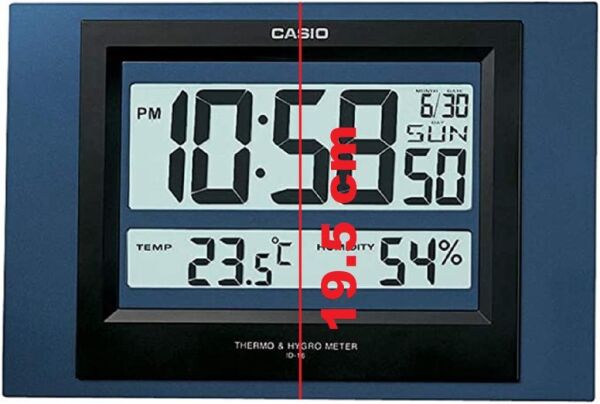 Casio ID-16S-2DF Plastik Kasa Mavi Renkli 29 x 19.5 cm Çaplı Isı ve Nem Ölçerli Takvimli Dijital Masa ve Duvar Saati