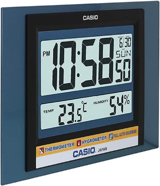 Casio ID-16S-2DF Plastik Kasa Mavi Renkli 29 x 19.5 cm Çaplı Isı ve Nem Ölçerli Takvimli Dijital Masa ve Duvar Saati