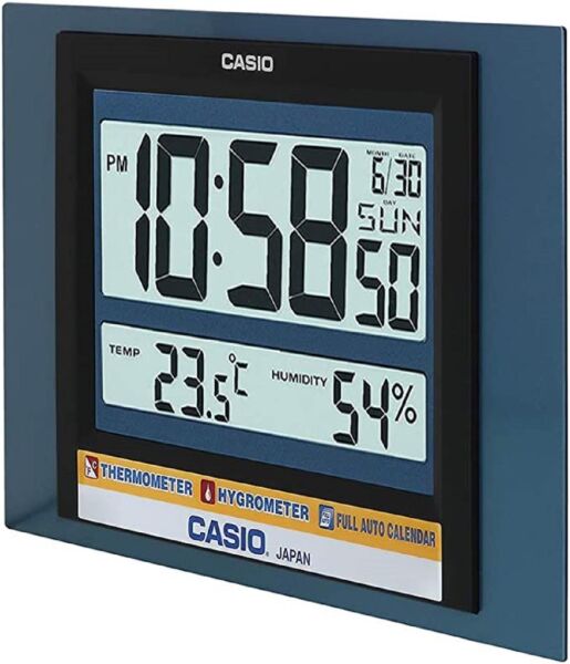 Casio ID-16S-2DF Plastik Kasa Mavi Renkli 29 x 19.5 cm Çaplı Isı ve Nem Ölçerli Takvimli Dijital Masa ve Duvar Saati