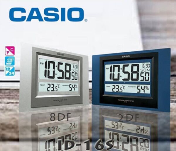 Casio ID-16S-2DF Plastik Kasa Mavi Renkli 29 x 19.5 cm Çaplı Isı ve Nem Ölçerli Takvimli Dijital Masa ve Duvar Saati
