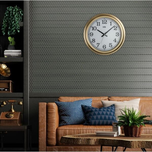 Klik K-Royal Plastik Kasa Gold Renkli 46 cm Çaplı Modern Sessiz Saniye Mekanizmalı Duvar Saati