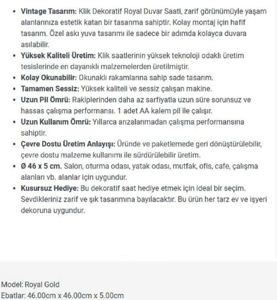 Klik K-Royal Gold Klasik 46 cm Sessiz Duvar Saati