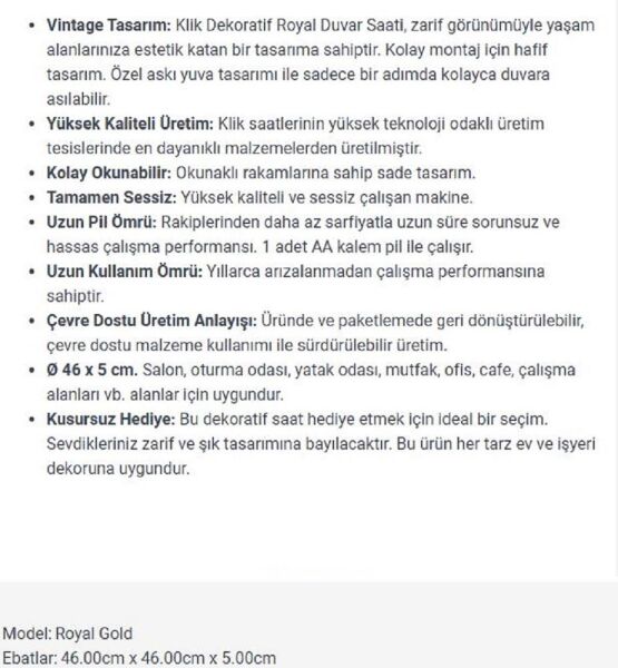 Klik K-Royal Plastik Kasa Gold Renkli 46 cm Çaplı Modern Sessiz Saniye Mekanizmalı Duvar Saati