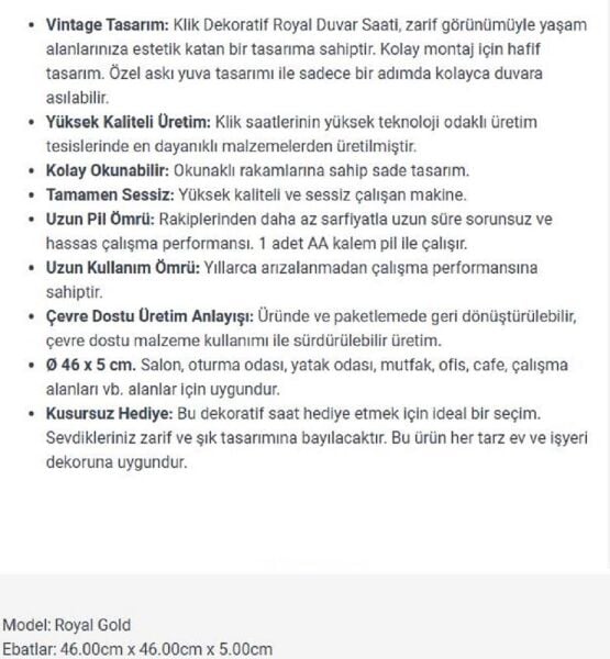 Klik K-Royal Plastik Kasa Gold Renkli 46 cm Çaplı Modern Sessiz Saniye Mekanizmalı Duvar Saati