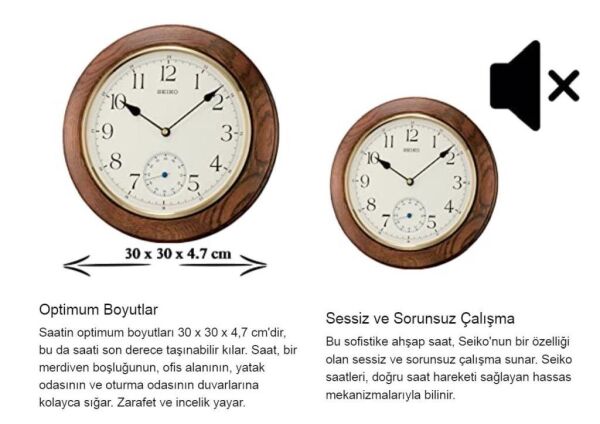 Seiko QXA432B Ahşap Meşe Kasa Kahverengi Renkli 30 cm Çaplı Dekoratif Alt Sessiz Saniye Mekanizmalı Duvar Saati