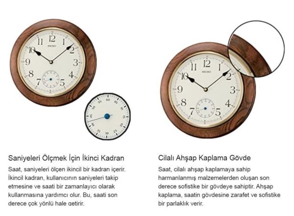 Seiko QXA432B Ahşap Meşe Kasa Kahverengi Renkli 30 cm Çaplı Dekoratif Alt Sessiz Saniye Mekanizmalı Duvar Saati
