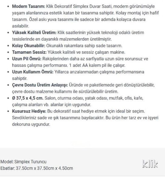 Klik K-Simplex Plastik Kasa Turuncu Renkli 37.5 cm Çaplı Joy Serisi Modern Sessiz Saniye Mekanizmalı Duvar Saati