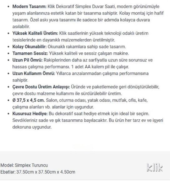 Klik K-Simplex Plastik Kasa Turuncu Renkli 37.5 cm Çaplı Joy Serisi Modern Sessiz Saniye Mekanizmalı Duvar Saati