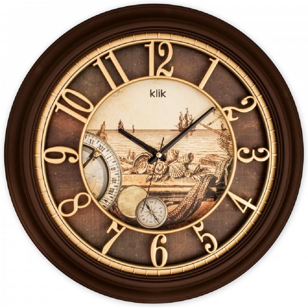 Klik K-Babil Kalyon Gemici Plastik Kasa Kahverengi Renkli 46 cm Çaplı Modern Quartz Saniye Mekanizmalı Duvar Saati