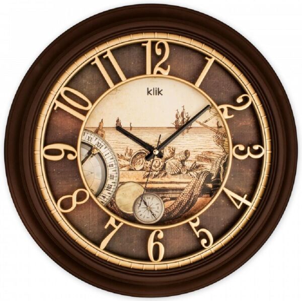 Klik K-Babil Kalyon Gemici Plastik Kasa Kahverengi Renkli 46 cm Çaplı Modern Quartz Saniye Mekanizmalı Duvar Saati